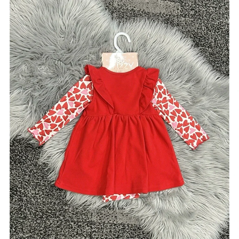 Just‎ Lizzy Brand 12 Month Red Hearts Bib Dress-Bodysuit-Headband Set